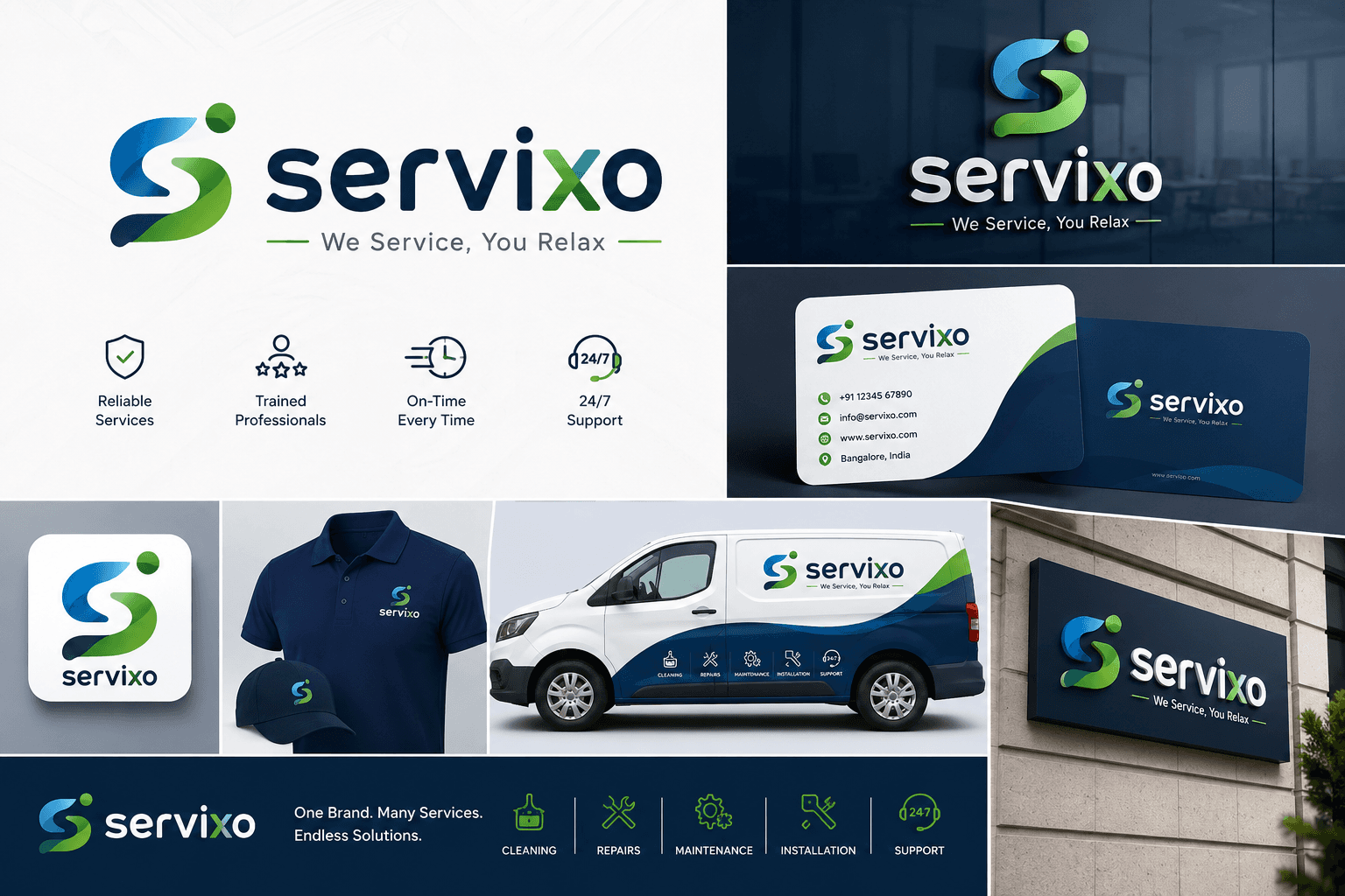 Servixo brand materials: the logo and tagline, service marks, a business card, uniform, service van and signage
